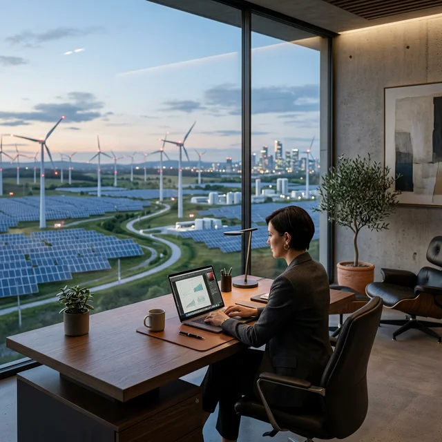 Professional office space overlooking renewable energy infrastructure