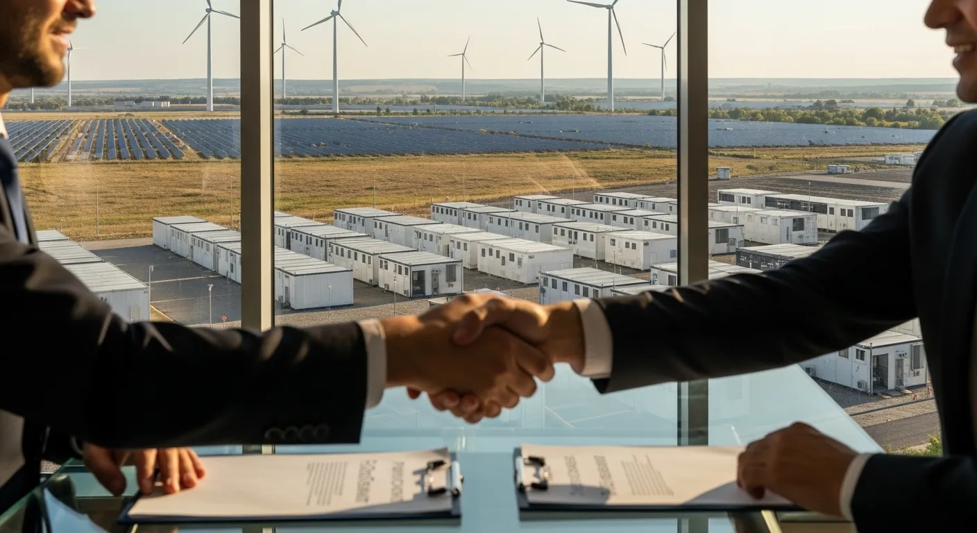 Corporate executives shaking hands over a Power Purchase Agreement (PPA) with a utility-scale hybrid solar, wind, and BESS facility in Romania in the background, representing Aurora Renewables SRL.