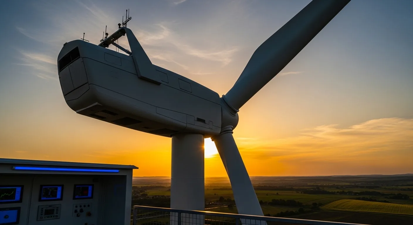 Upward low-angle view of a majestic, modern utility-scale wind turbine rotating under a dramatic sunset sky in Romania, showcasing hybrid clean energy infrastructure by Aurora Renewables SRL in 2026.