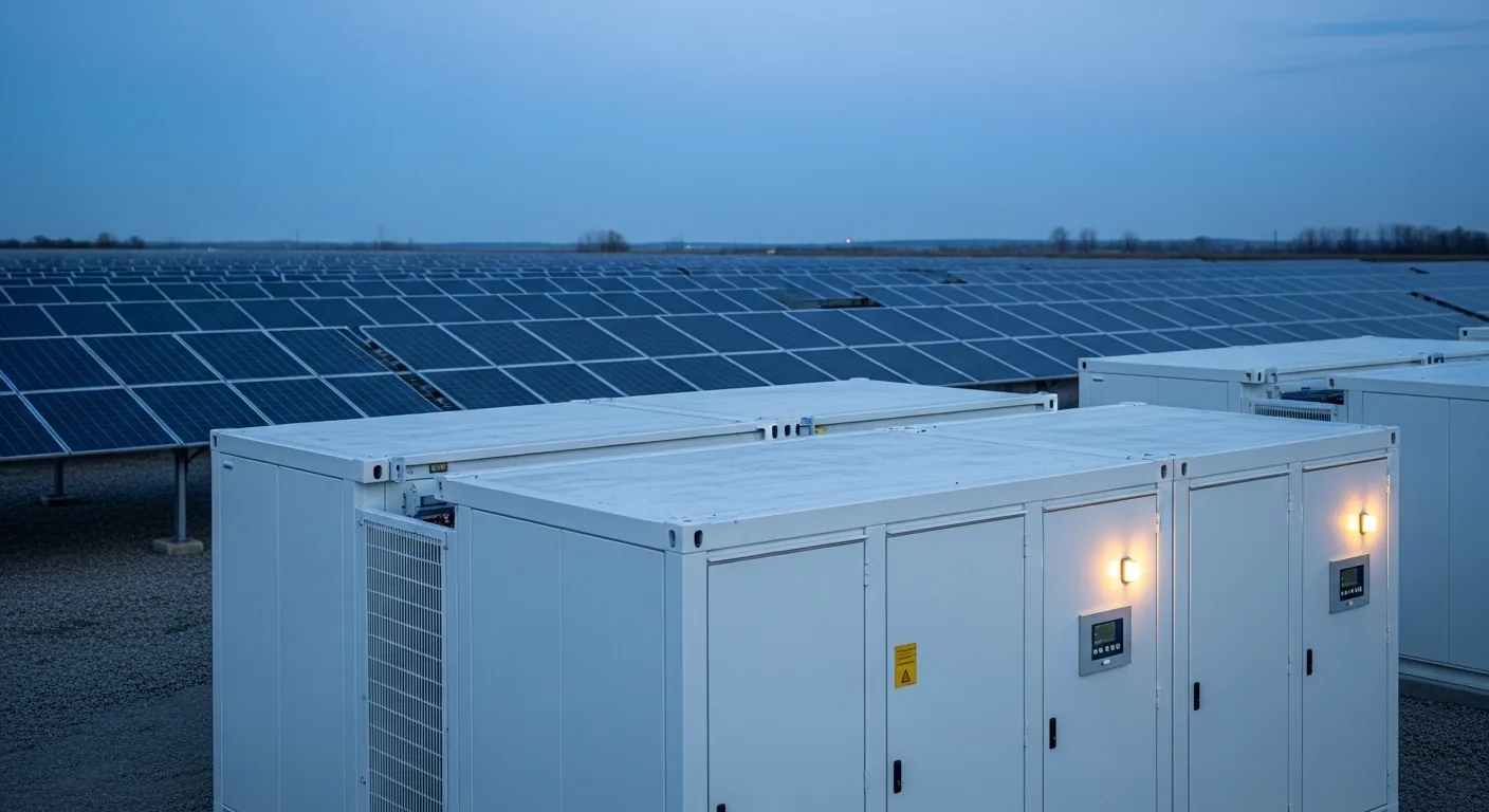 High-capacity utility-scale lithium-ion battery storage container unit co-located next to a solar photovoltaic installation by Aurora Renewables SRL in Romania, highlighting grid stabilization technology.