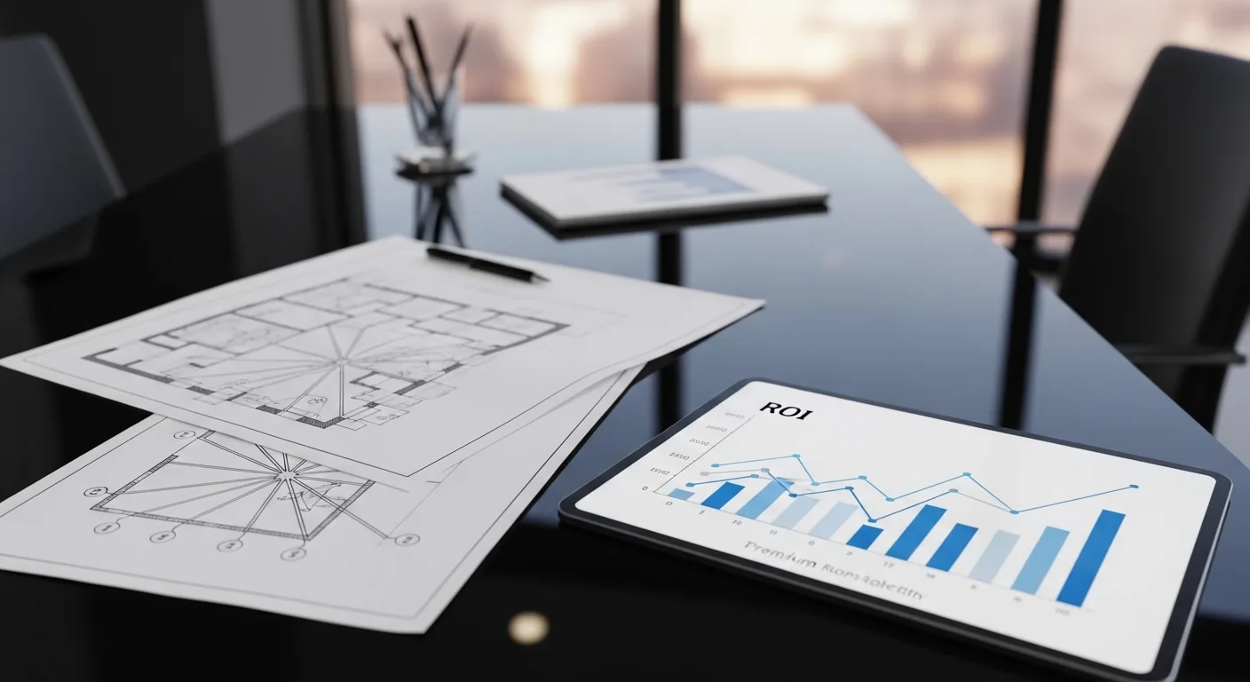Close-up of a high-end corporate glass boardroom table displaying physical architectural blueprints and a tablet showing financial growth charts of hybrid energy portfolios by Aurora Renewables SRL in 2026.