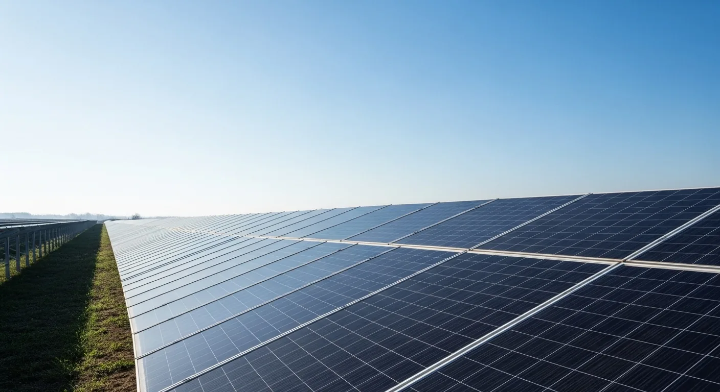 Modern high-density utility-scale solar arrays in Romania under a clear blue sky, symbolizing high-efficiency financial and technical optimization by Aurora Renewables SRL in 2026.