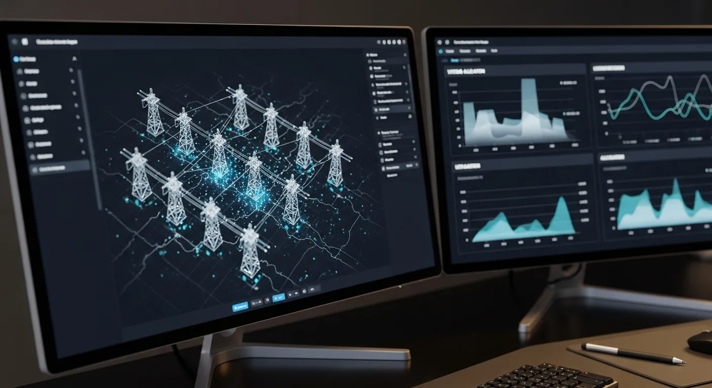 A close-up of a high-tech clean energy grid management workstation, displaying digital vector maps of the Romanian power transmission lines and capacity allocation charts by Aurora Renewables SRL in 2026.