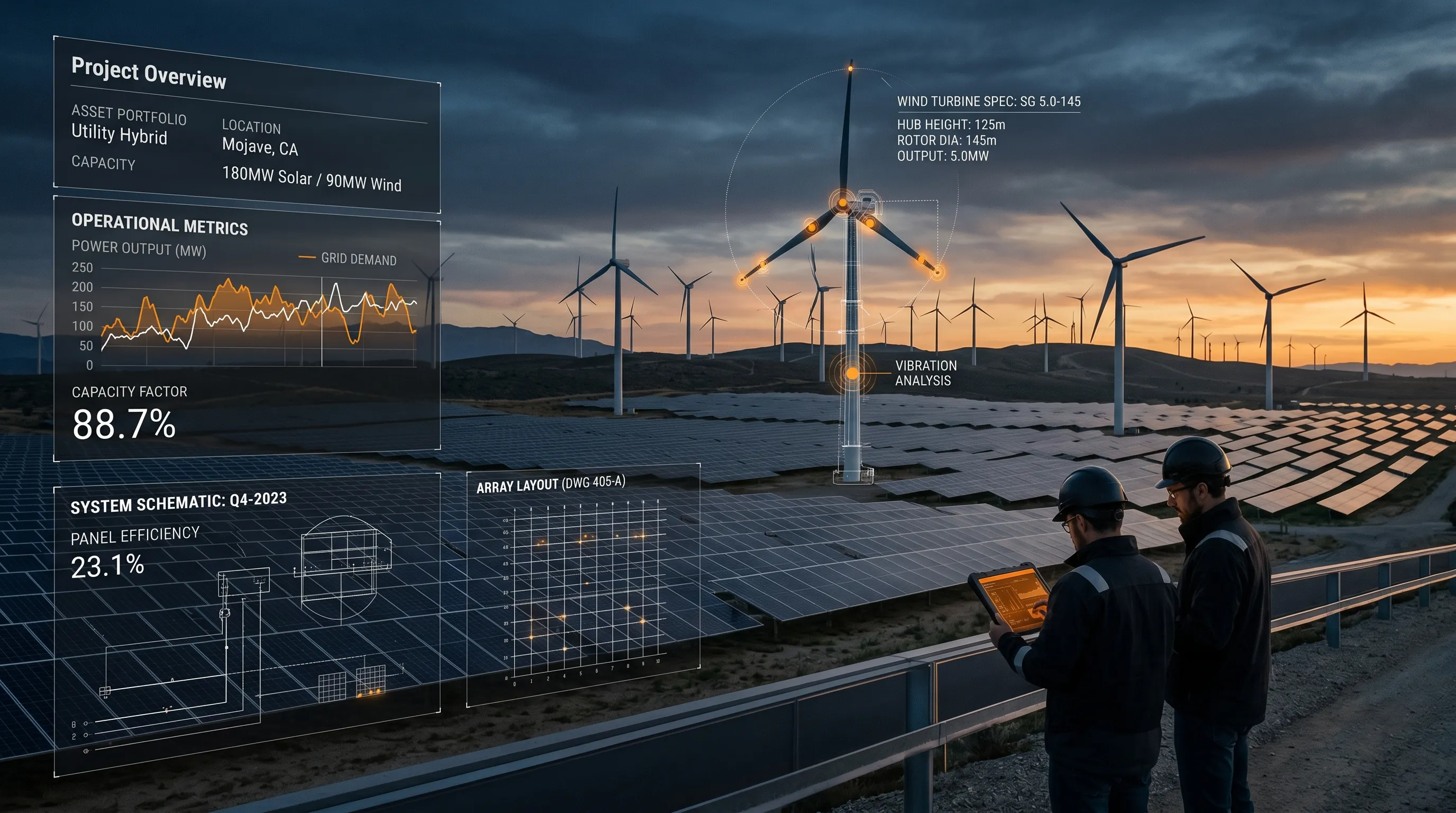Technical due diligence and engineering blueprints for a bankable utility-scale hybrid solar-wind power plant in Romania. Strategic asset management by Aurora Renewables SRL.