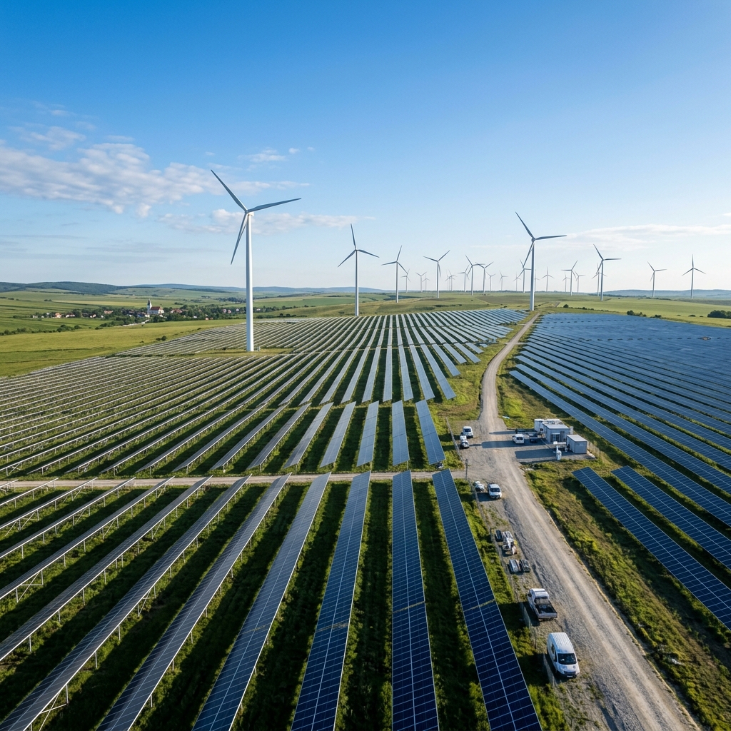 A cinematic view of Hybrid Solar-Wind Systems in Romania, a strategic infrastructure engineered by Aurora Renewables SRL.