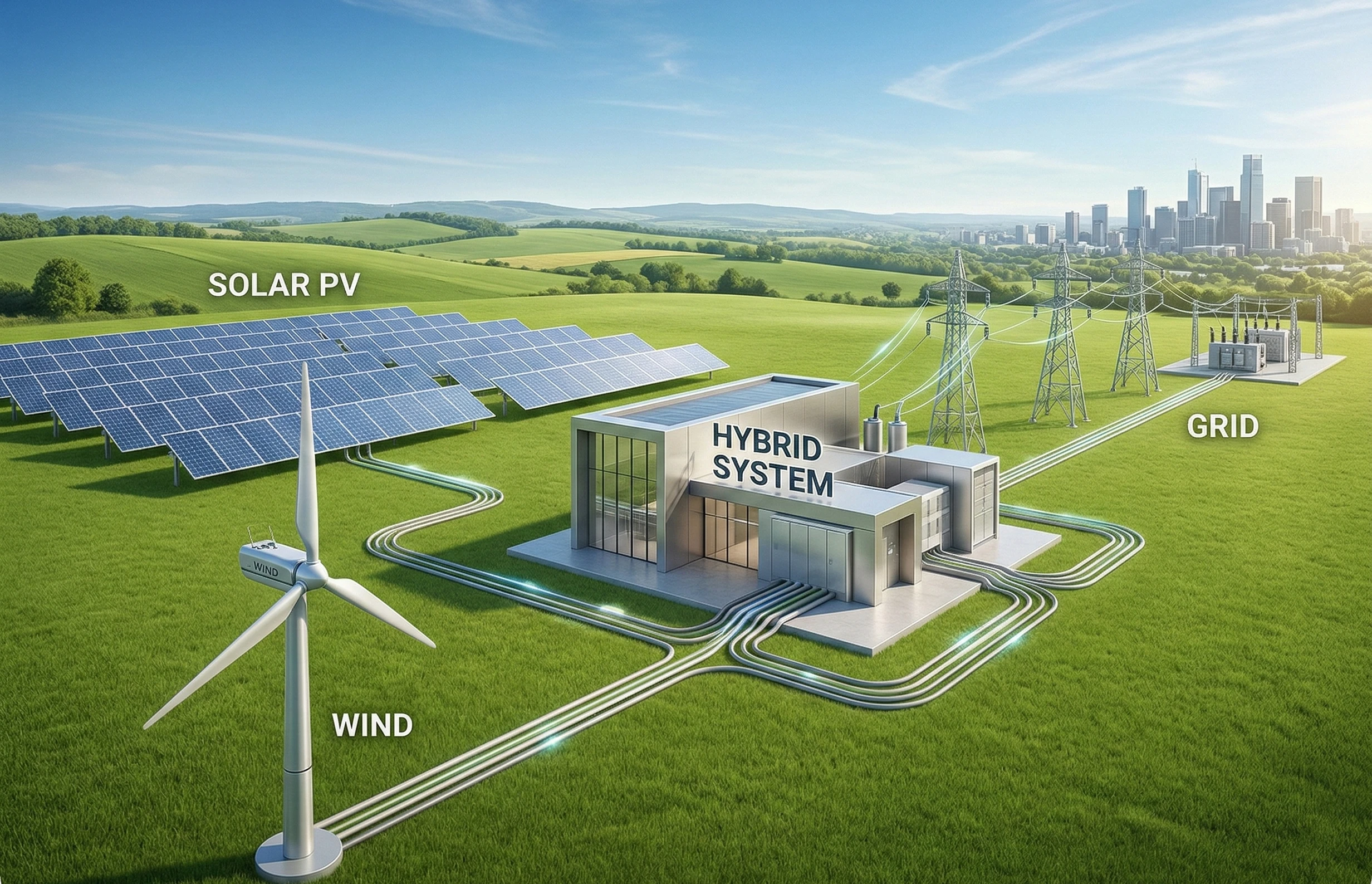 Diagrama del sistema hibrido de energia renovable mostrando Solar PV, Wind, Hybrid System y conexion a la Grid