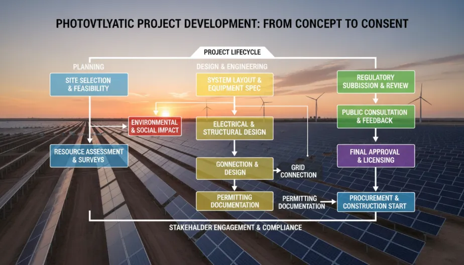 Detailed permitting and regulatory workflow diagram for the I.C. Brătianu Photovoltaic Project