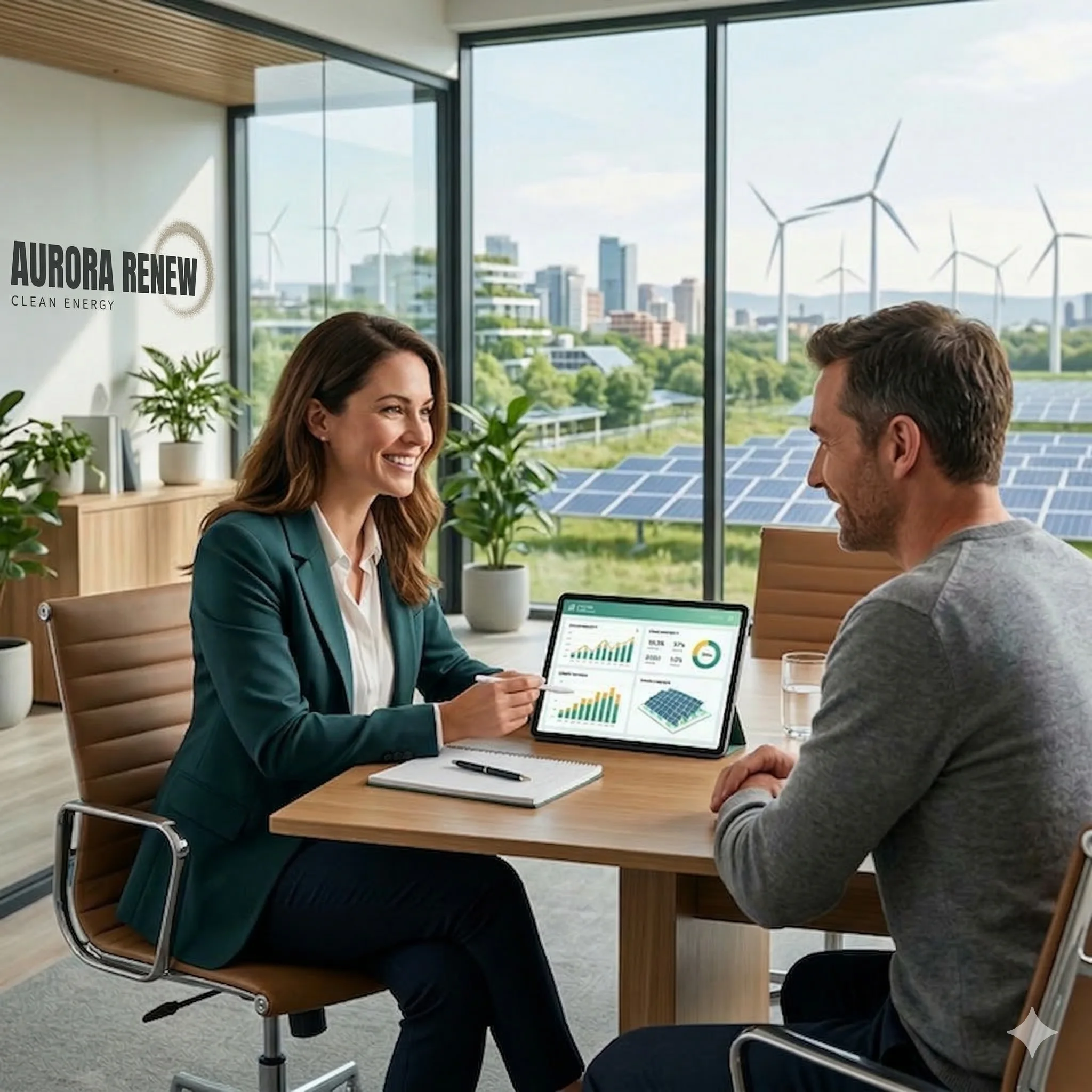 Aurora Renewables team discussing clean energy solutions in a modern office