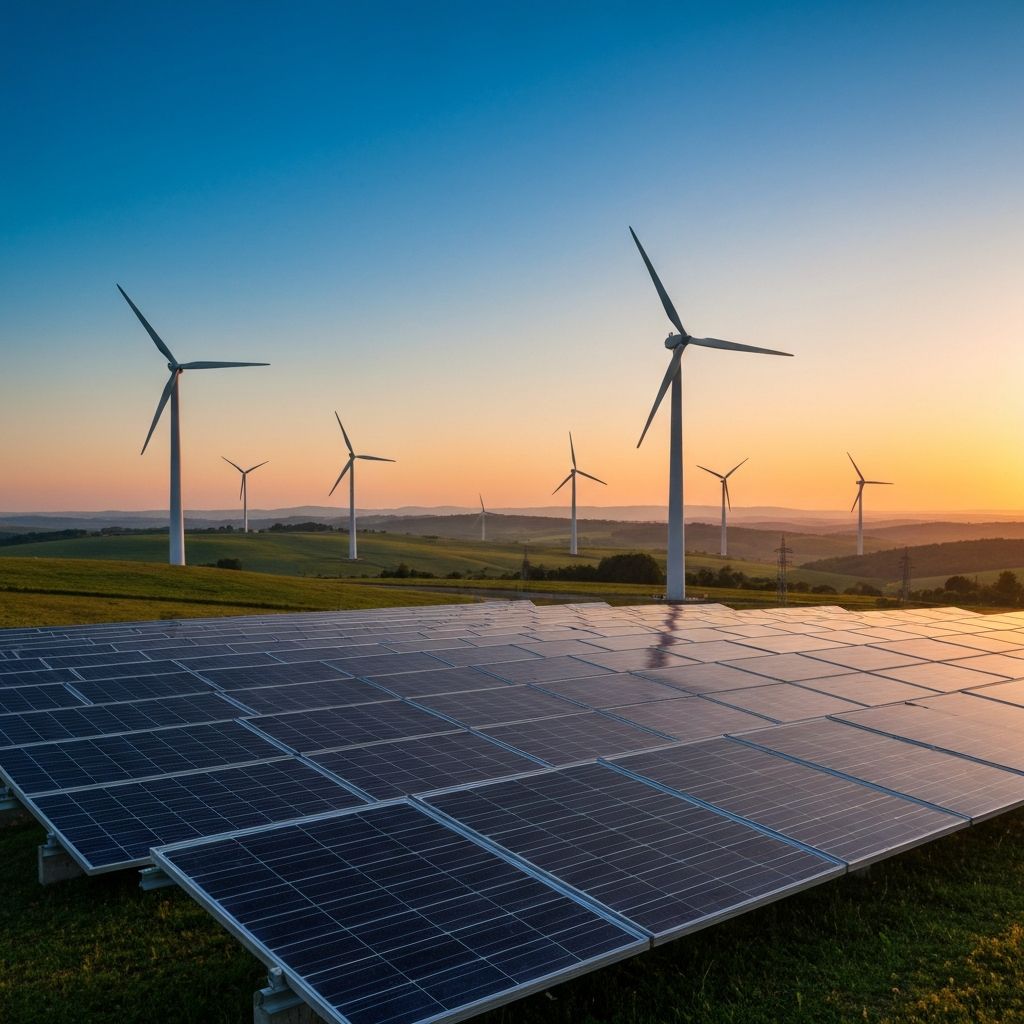 Aurora Renewables SRL hybrid solar-wind renewable energy facility in Romania at golden hour