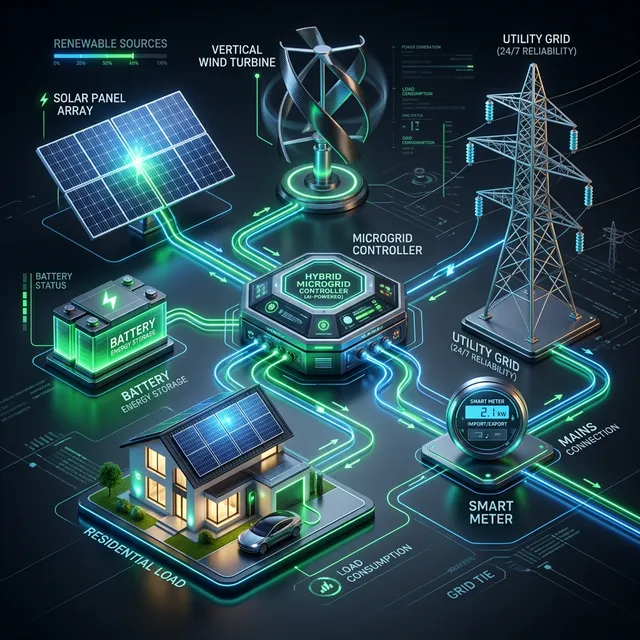 Modern 3D infographic diagram showing a Solar Array, Wind Turbine, and Battery Bank connected to a Microgrid Controller, routing power to a House and the Utility Grid