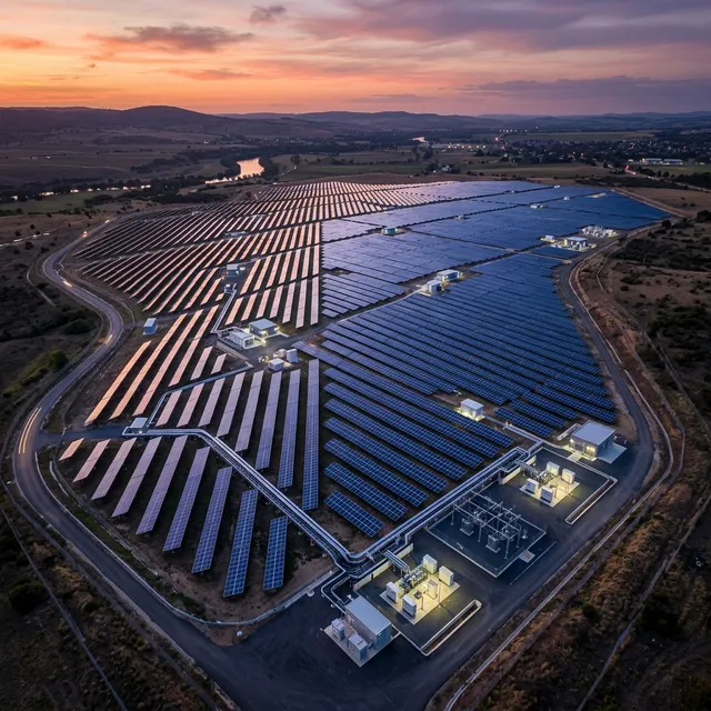 High-tech smart photovoltaic farm at dusk with advanced PV modules and inverter systems