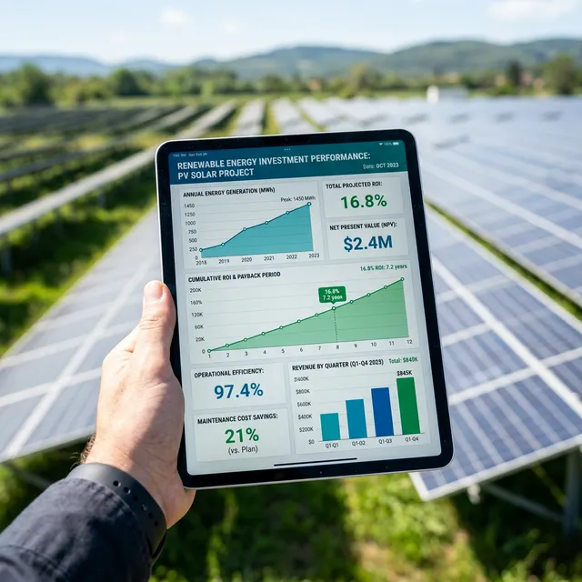 Financial metrics and ROI analysis on professional tablet overlay