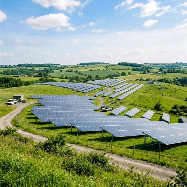 Solar panels installed on gentle rolling hills with green grass