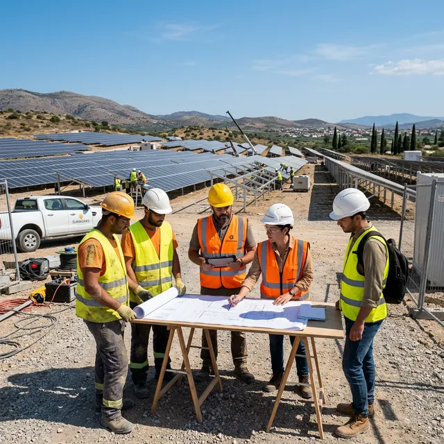 Construction workers and engineers reviewing solar panel installation progress