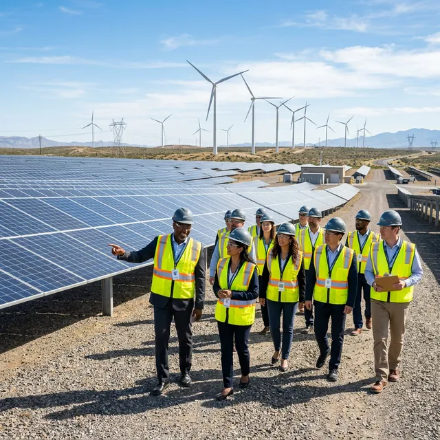 Diverse group of investors and partners touring a modern utility-scale solar and wind hybrid plant