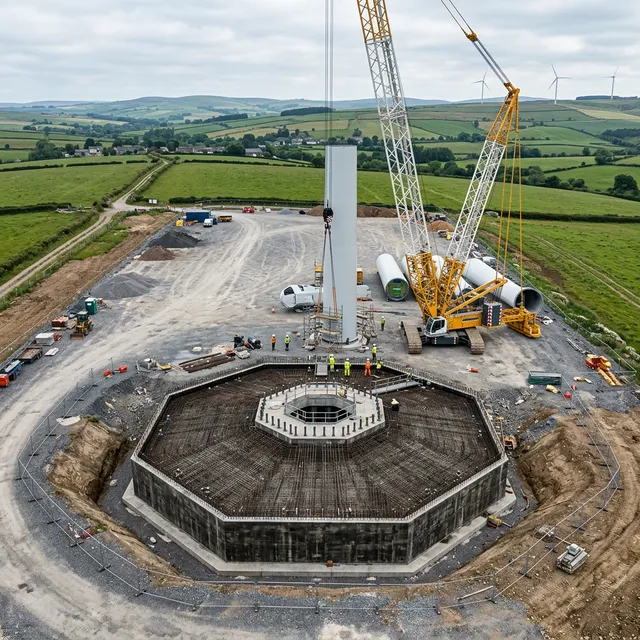 Prepared crane hardstand and robust concrete foundation base for a wind turbine under construction