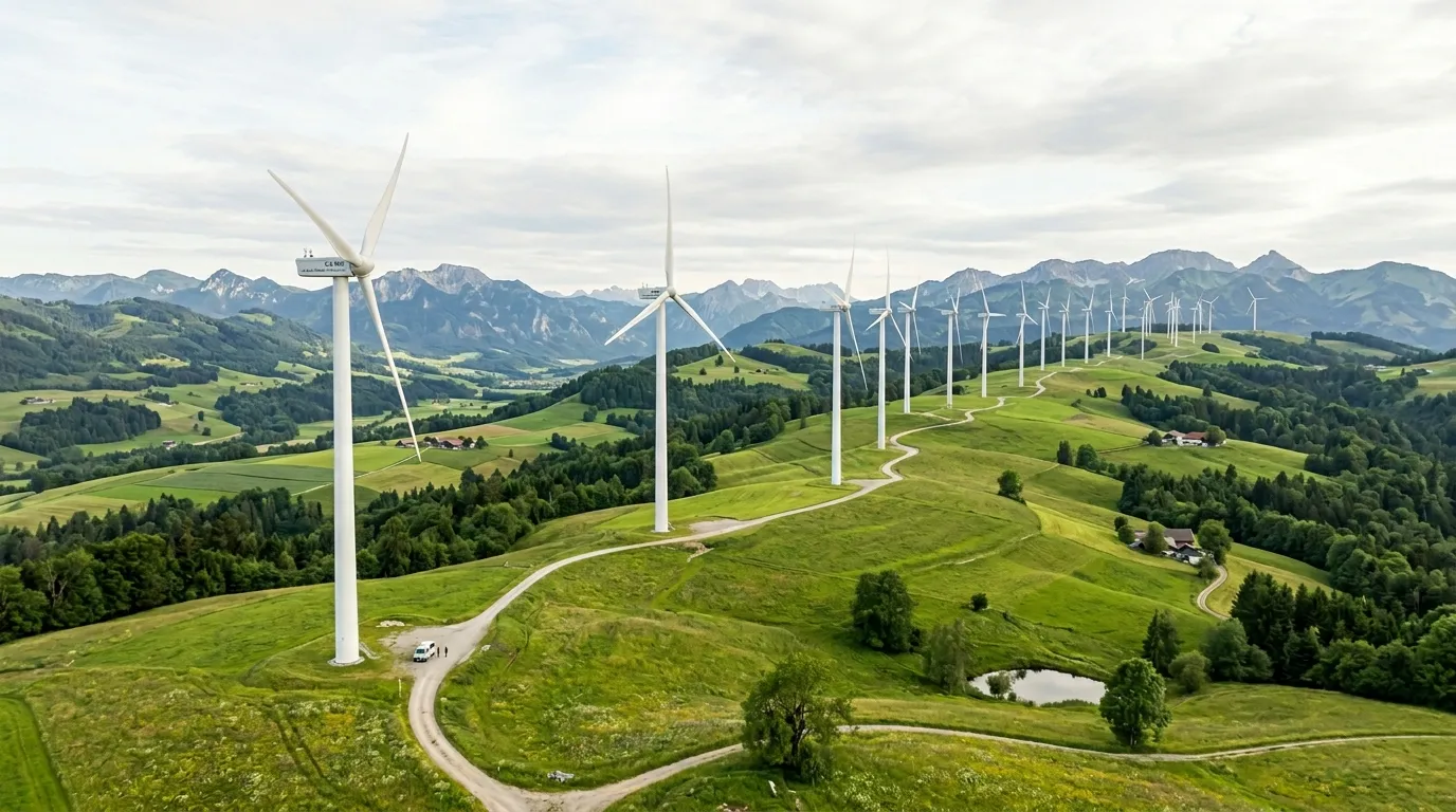 Majestic panoramic view of 23 powerful wind turbines in operation