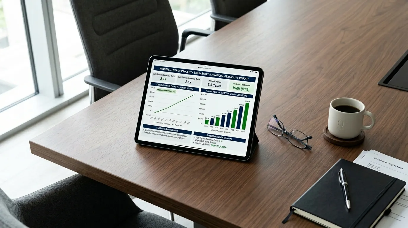 High-tech conference table with tablet showing financial growth charts for wind energy investment