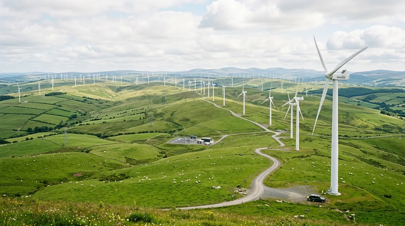 Panoramic landscape showing an expansive utility-scale wind farm stretching across green hills, emphasizing operational reliability