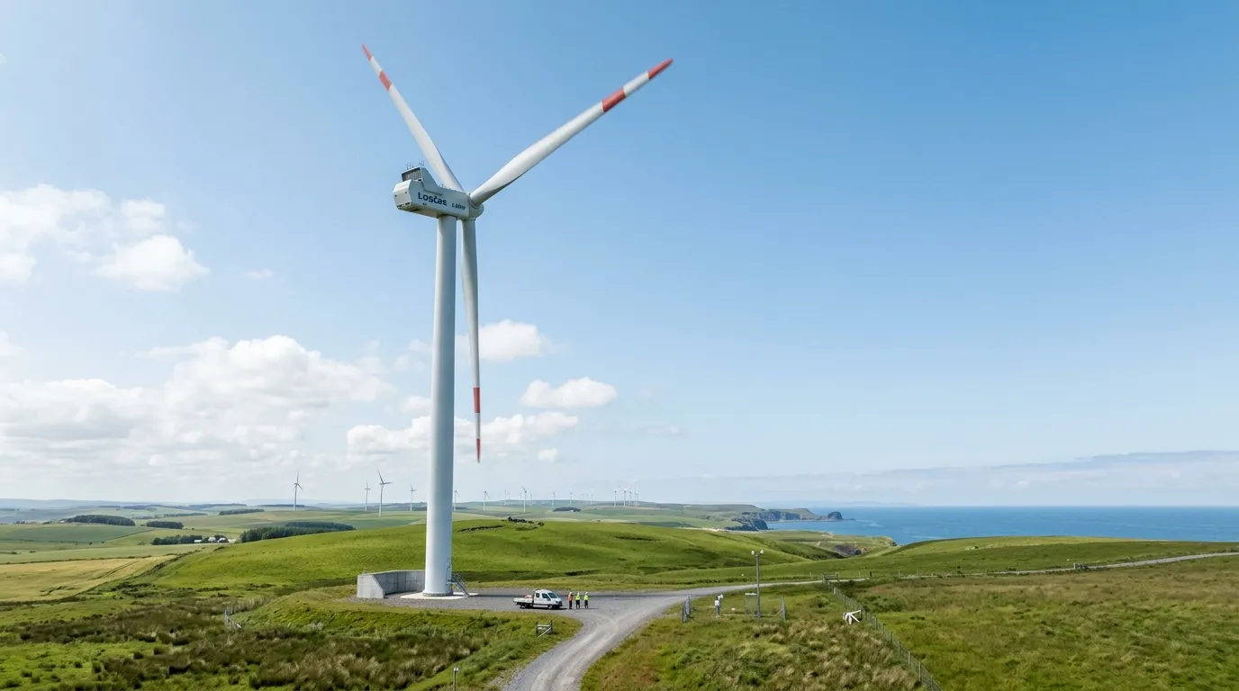 Cinematic wide shot of a state-of-the-art 6.6 MW wind turbine against a clear sky