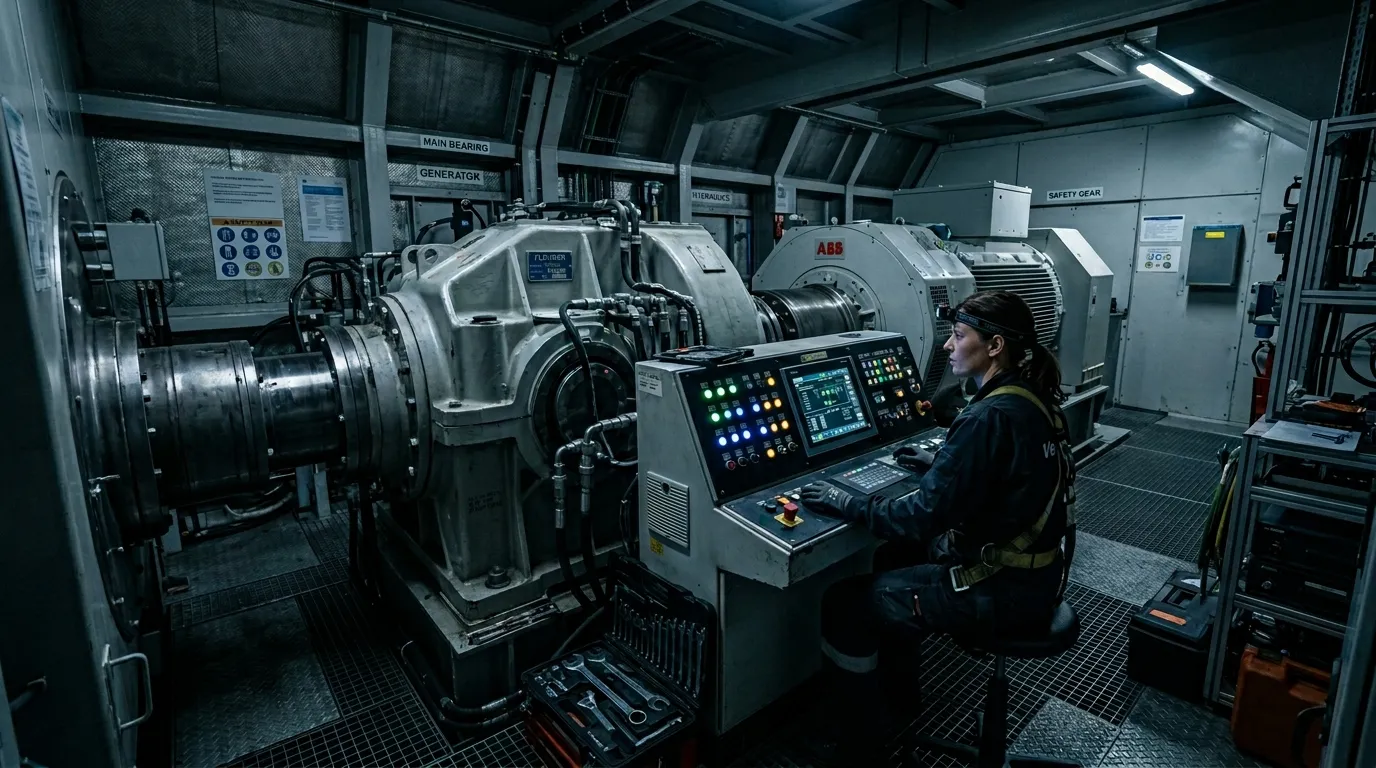 Interior view of a modern wind turbine nacelle showing advanced control systems and drivetrain components