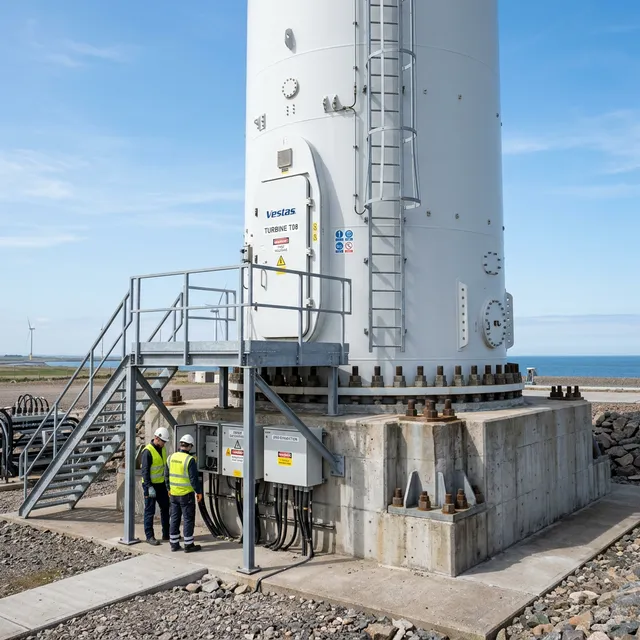 Robust engineering and base infrastructure of a massive white wind turbine tower