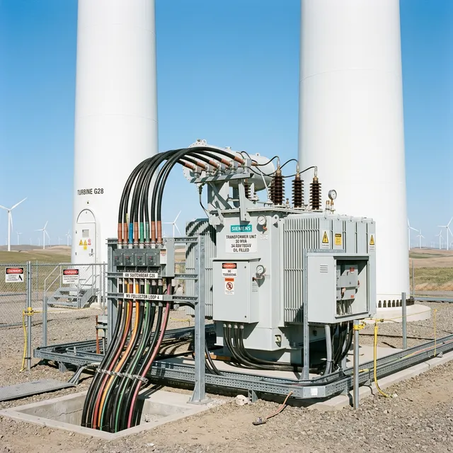 Electrical infrastructure at a wind farm showing a medium-voltage collector system