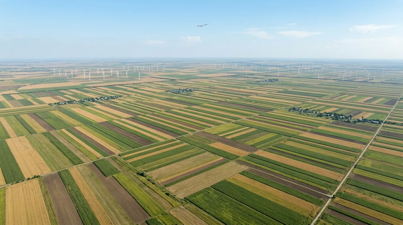 Cinematic high-angle shot overlooking a vast green agricultural landscape in Tulcea County, Romania