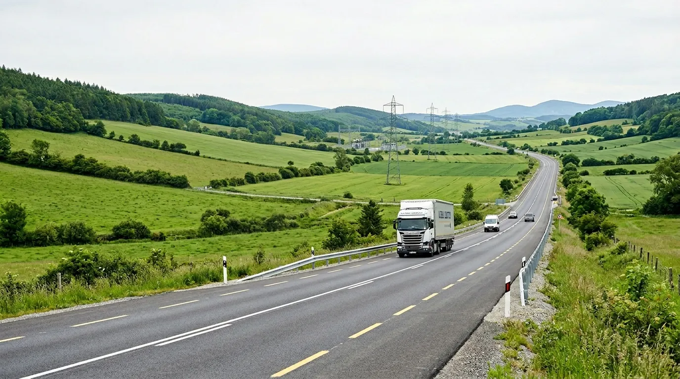Clean regional asphalt road stretching through a green valley with high-voltage power lines in the distance