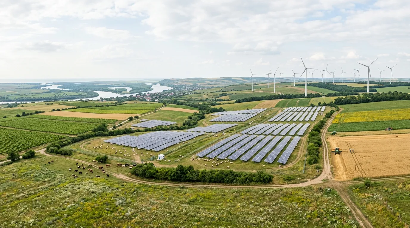 Panoramic view of the Tulcea project area showing harmony between clean energy infrastructure and agricultural land