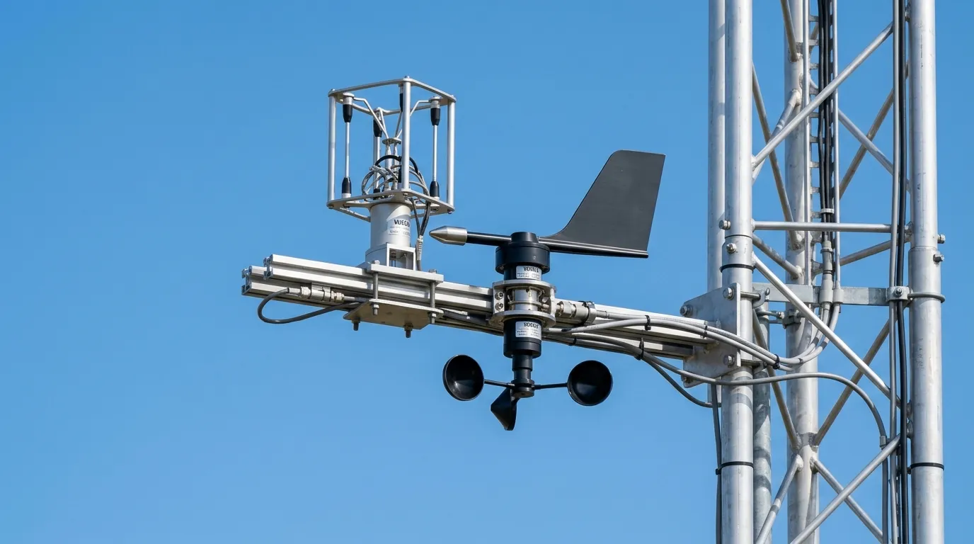 Close-up view of delicate anemometers and wind vanes mounted on a high-tech meteorological mast