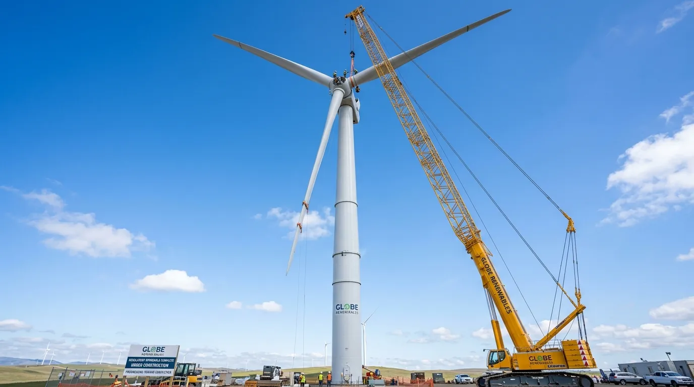 Dynamic perspective looking up at a modern wind turbine under construction against a clear blue sky
