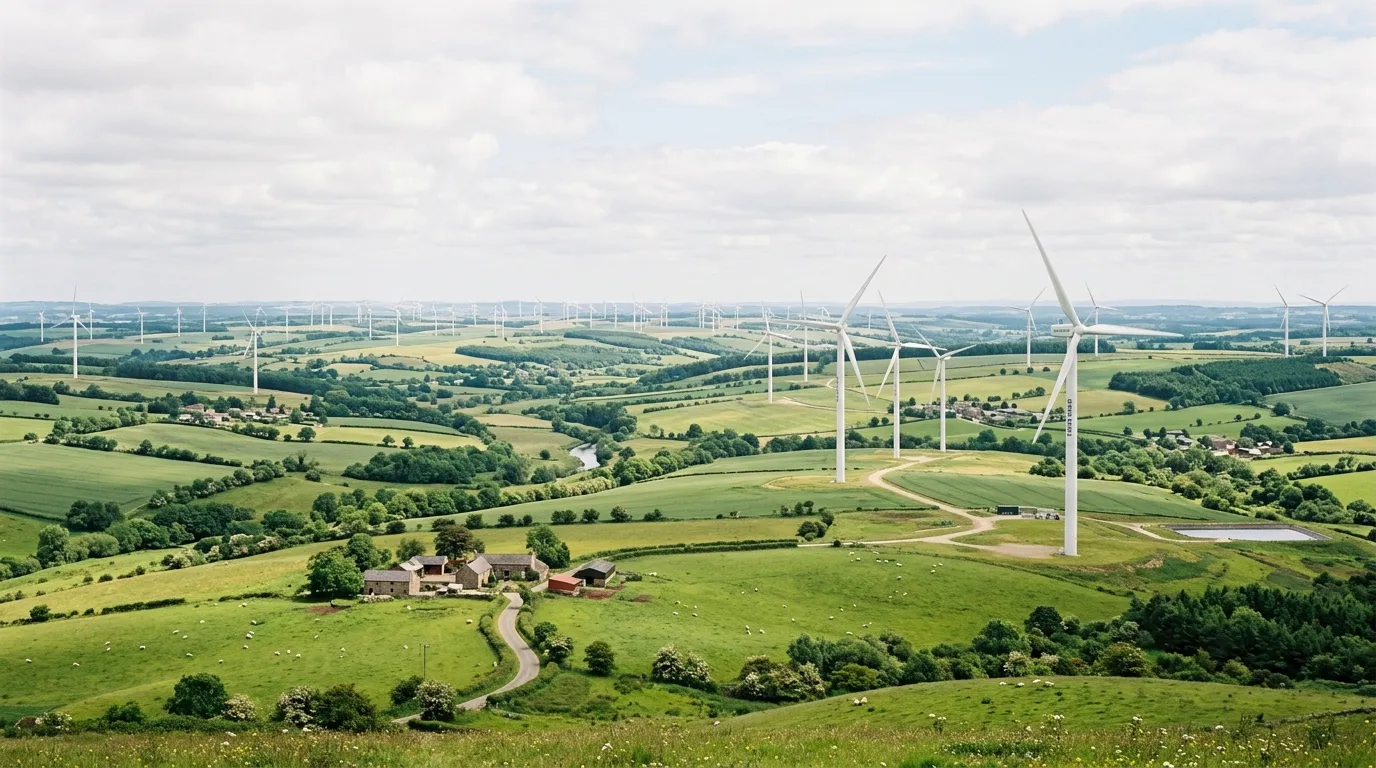 Panoramic view of a utility-scale wind farm seamlessly integrated into a vibrant green rural landscape