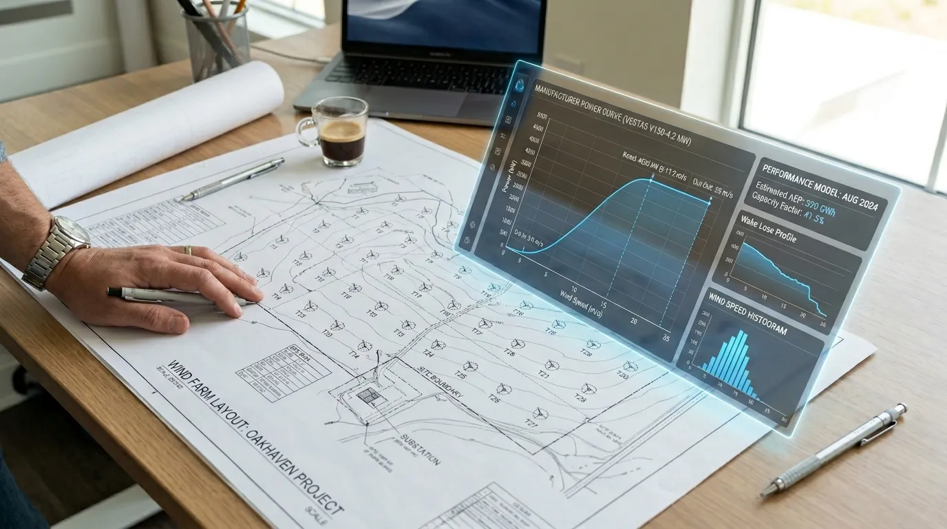 Architect's desk with detailed blueprints of a wind farm layout overlaid with translucent digital screens showing performance models